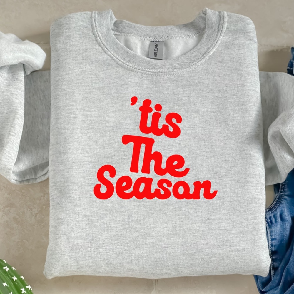 Tis The Season Christmas Holiday Sweater Crewneck Grey and Red Unisex Sizes NWT